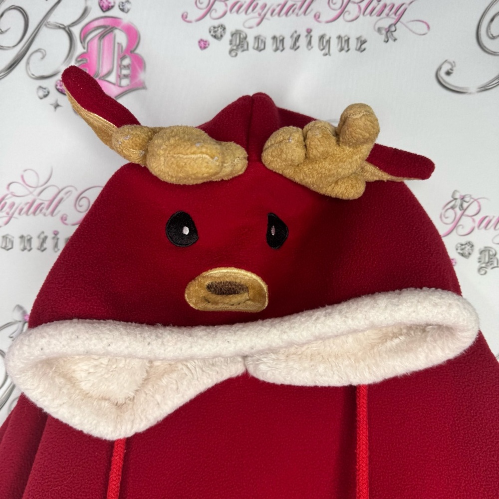 Doppio’s poncho reindeer kids red white Pom poms deer hood cute cozy warm Xmas - Picture 6 of 8